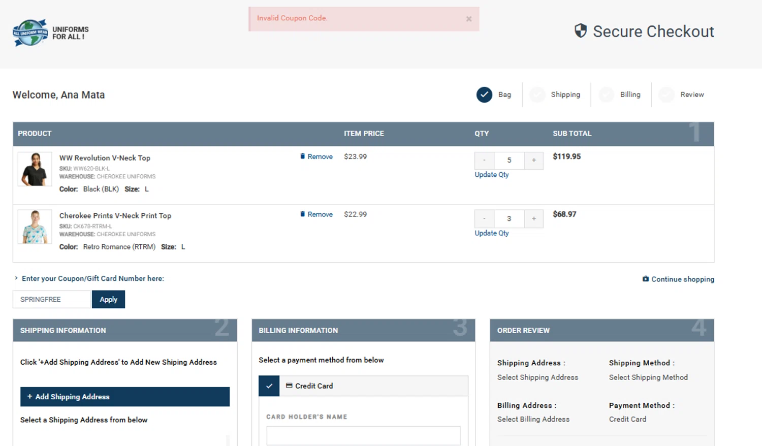 All Uniform Wear coupon code screenshot showing code SPRINGFREE applied at All Uniform Wear checkout page. Uploaded by SimplyCodes community member peachee on May 16, 2025