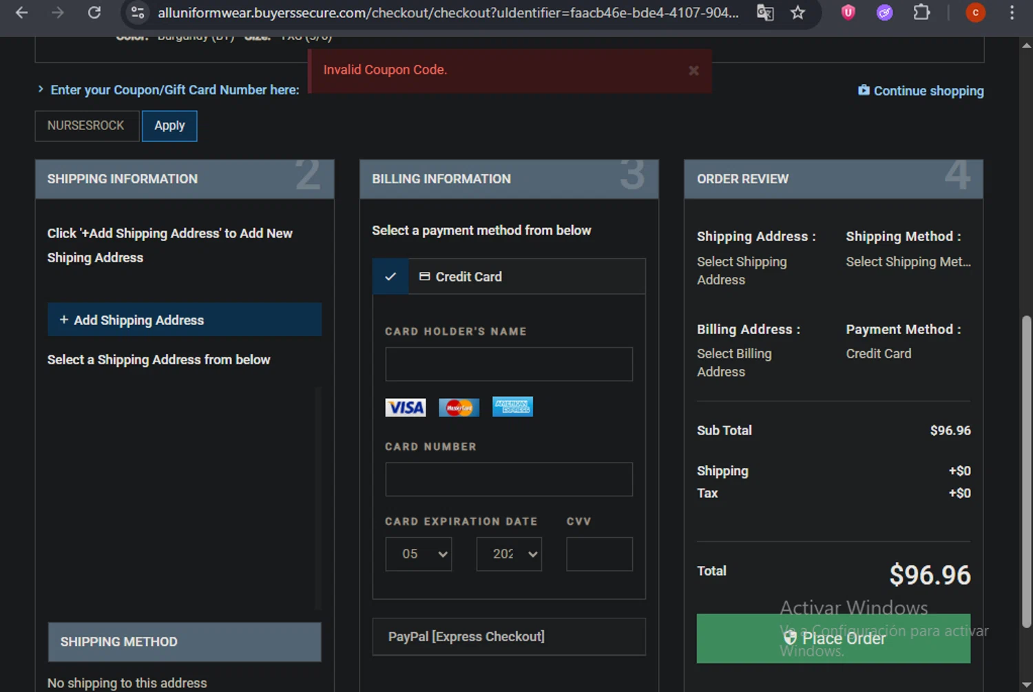 All Uniform Wear coupon code screenshot showing code NURSESROCK applied at All Uniform Wear checkout page. Uploaded by SimplyCodes community member CashSage6731 on May 29, 2025