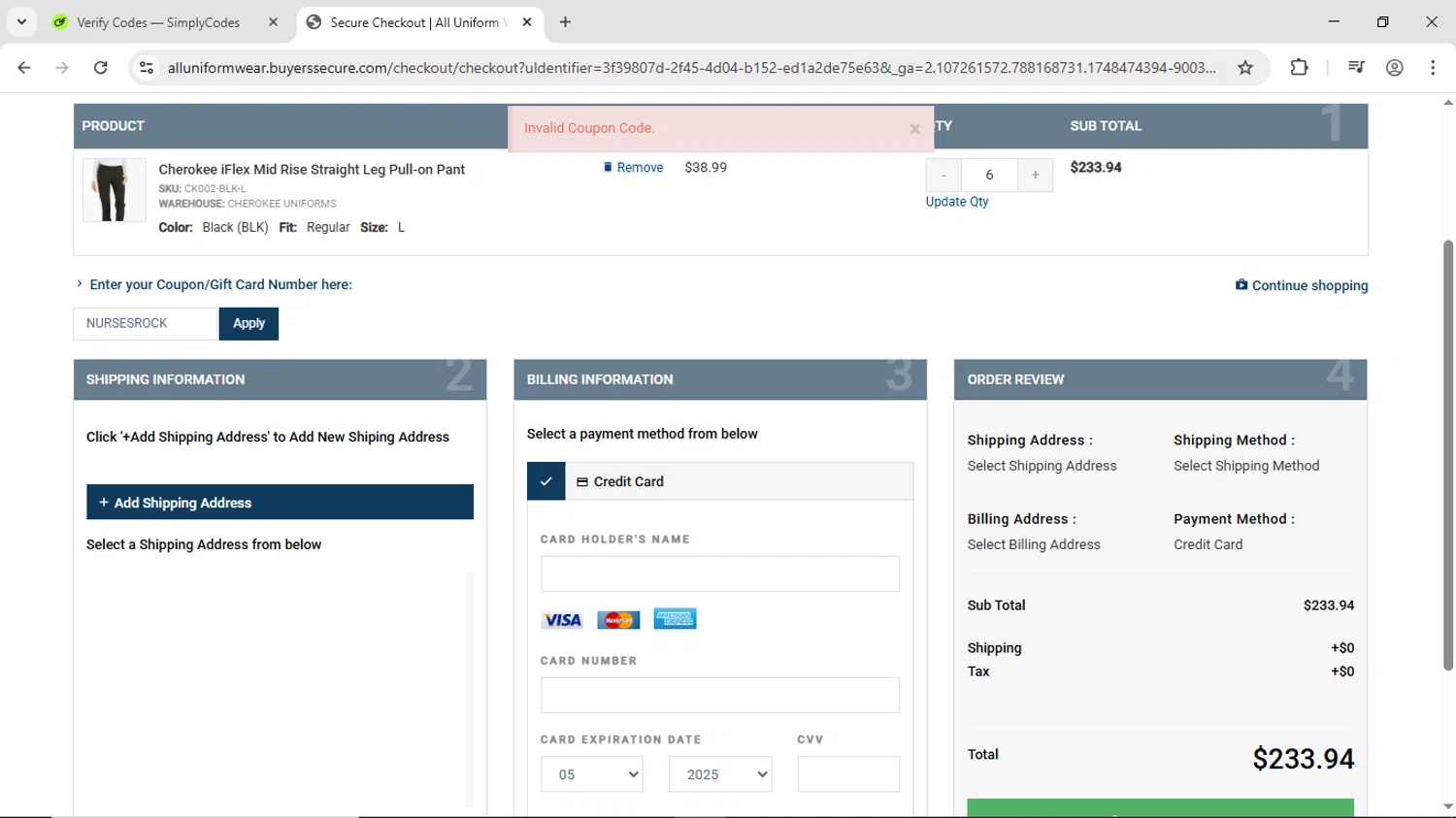 All Uniform Wear coupon code screenshot showing code NURSESROCK applied at All Uniform Wear checkout page. Uploaded by SimplyCodes community member DiscountScout1646 on May 28, 2025