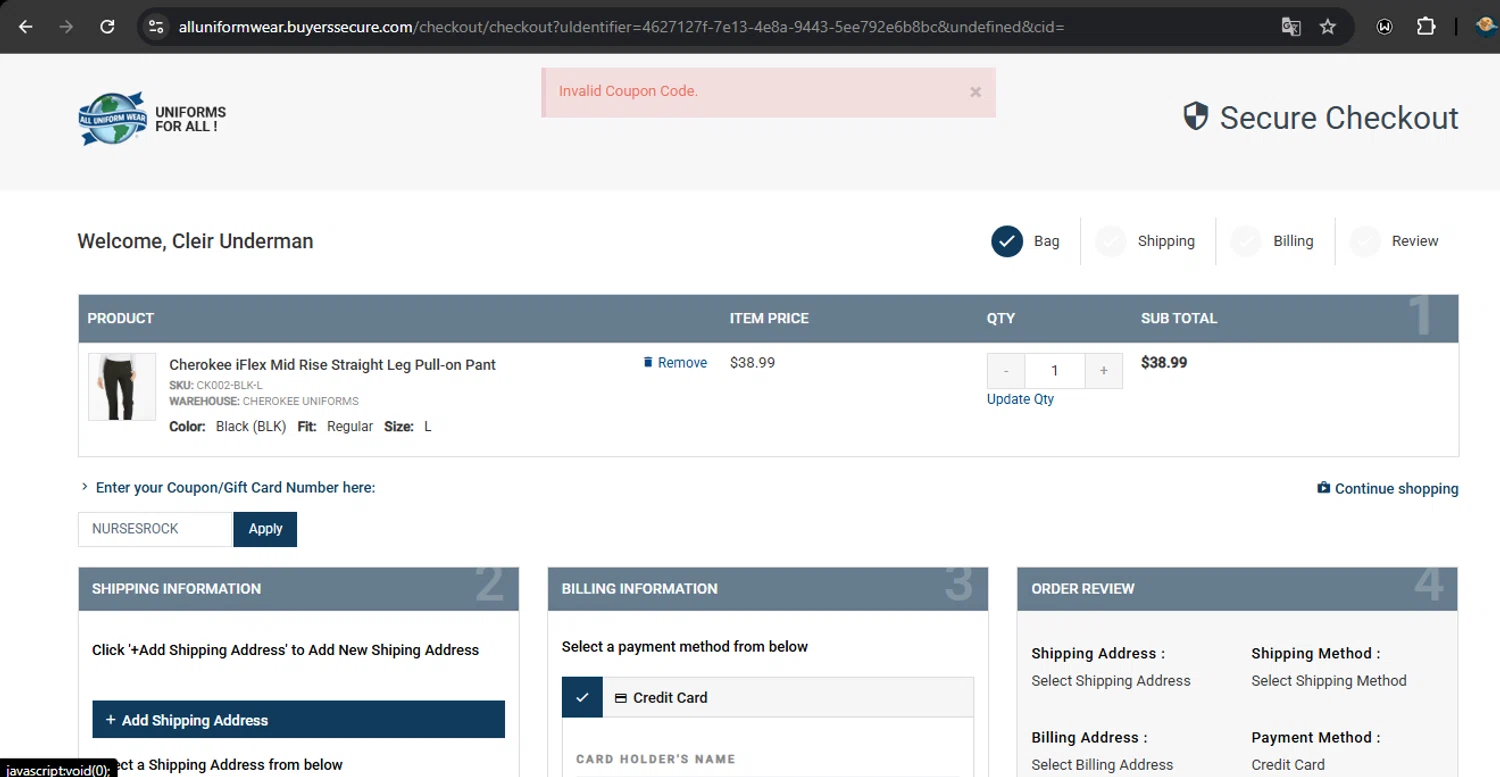 All Uniform Wear coupon code screenshot showing code NURSESROCK applied at All Uniform Wear checkout page. Uploaded by SimplyCodes community member RoyalSpotter5217 on May 29, 2025