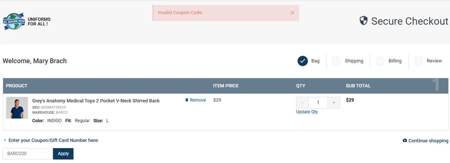 All Uniform Wear coupon code screenshot showing code BARCO20 applied at All Uniform Wear checkout page. Uploaded by SimplyCodes community member GloriousCollector9521 on Jul 24, 2025