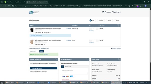 All Uniform Wear checkout page showing All Uniform Wear coupon code box | Screenshot taken by SimplyCodes community member on Jul 9, 2025