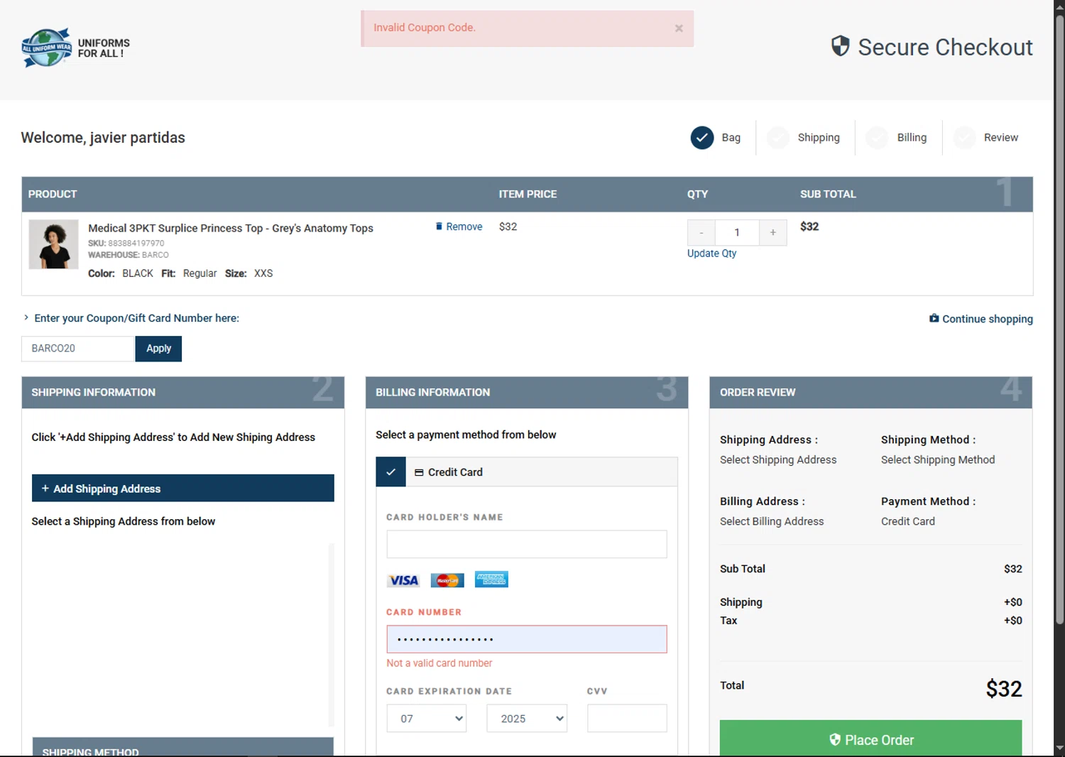 All Uniform Wear coupon code screenshot showing code BARCO20 applied at All Uniform Wear checkout page. Uploaded by SimplyCodes community member SalePhoenix2220 on Jul 24, 2025