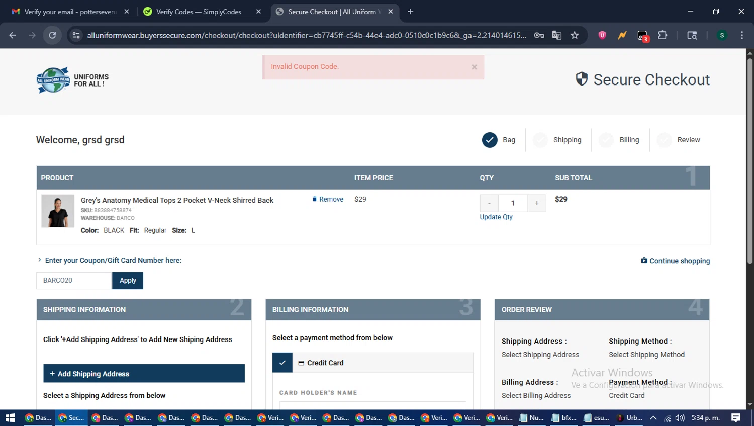 All Uniform Wear coupon code screenshot showing code BARCO20 applied at All Uniform Wear checkout page. Uploaded by SimplyCodes community member ShrewdAce7935 on Jul 24, 2025