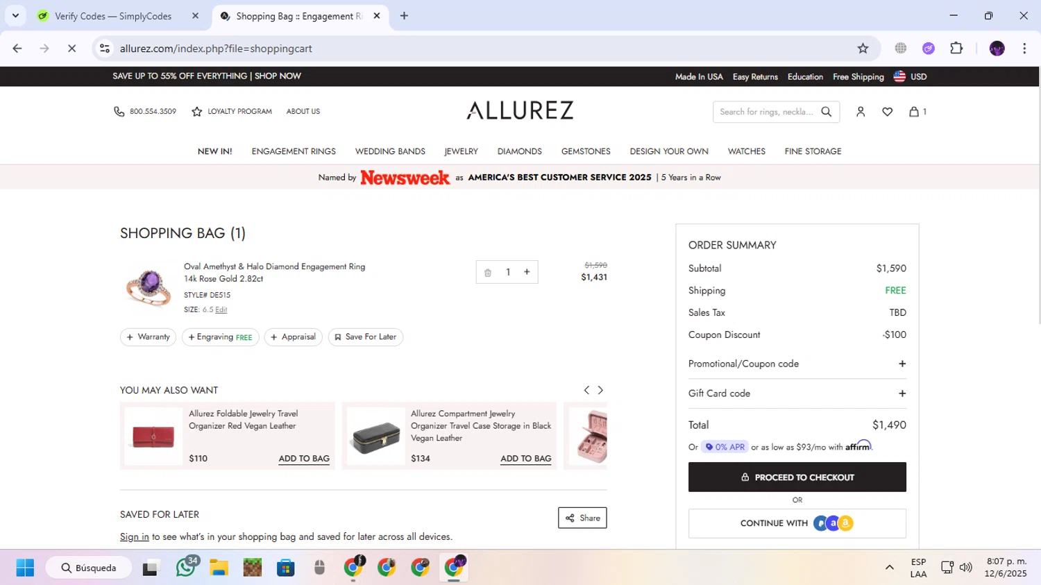 Allurez promo code screenshot showing code WELCOME10 applied at Allurez checkout page. Uploaded by SimplyCodes community member GloriousGuardian9063 on Jun 13, 2025