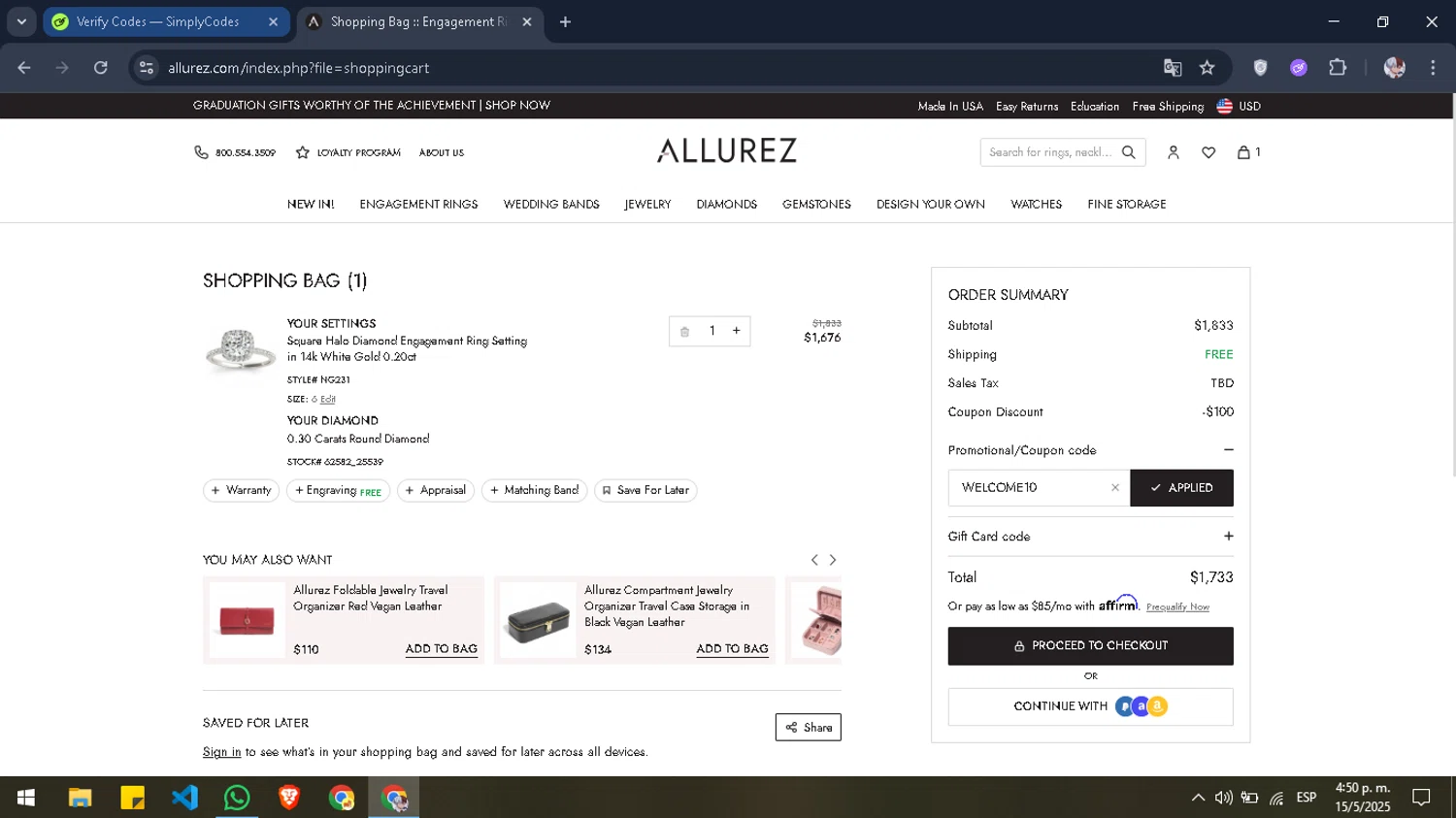 Allurez promo code screenshot showing code WELCOME10 applied at Allurez checkout page. Uploaded by SimplyCodes community member Pansito on May 15, 2025