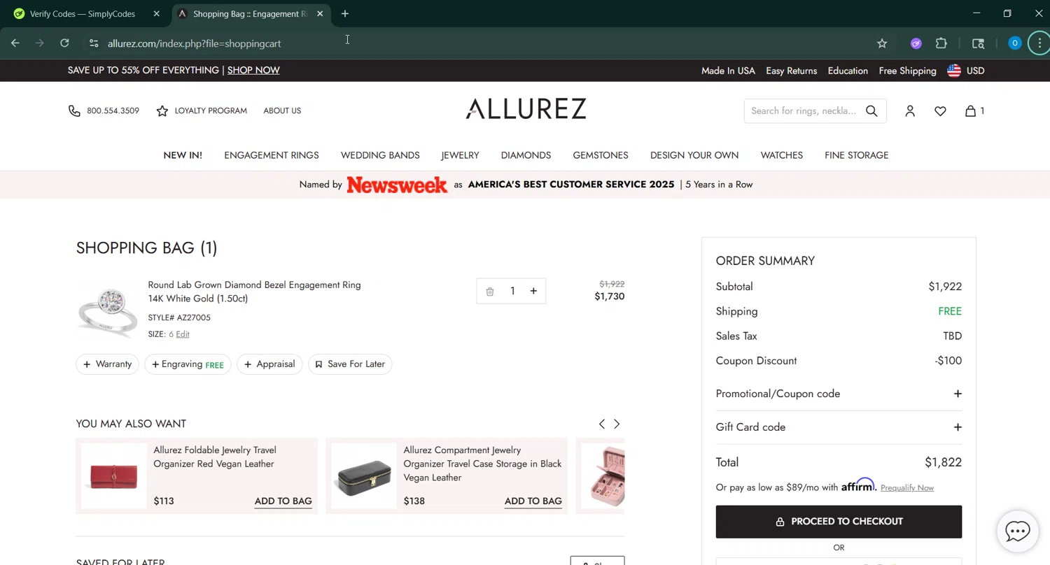 Allurez promo code screenshot showing code WELCOME10 applied at Allurez checkout page. Uploaded by SimplyCodes community member RoyalSage9159 on Aug 23, 2025