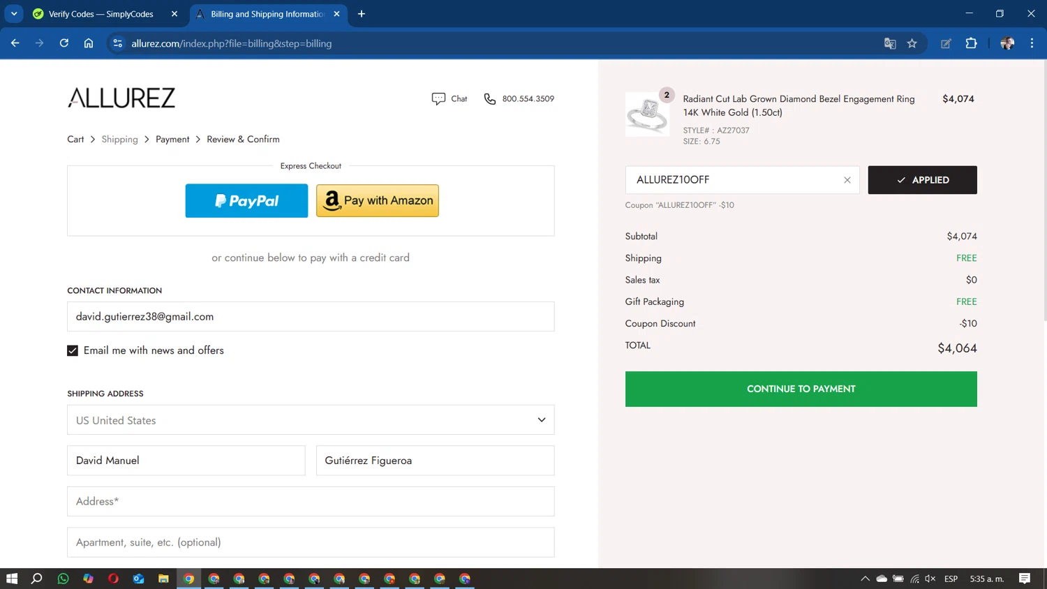 Allurez promo code screenshot showing code ALLUREZ10OFF applied at Allurez checkout page. Uploaded by SimplyCodes community member DavidMGF on Aug 19, 2025