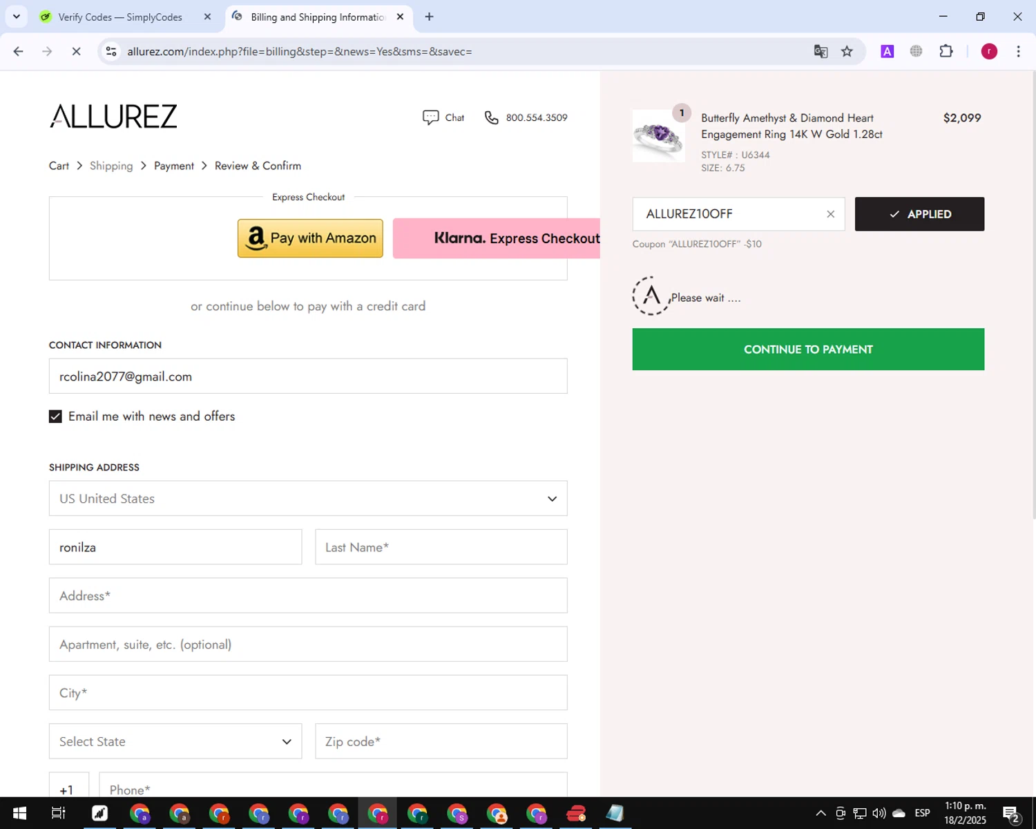 Allurez promo code screenshot showing code ALLUREZ10OFF applied at Allurez checkout page. Uploaded by SimplyCodes community member TreasureExpert7530 on Feb 18, 2025