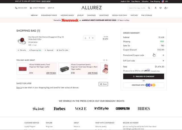 Allurez checkout page showing Allurez promo code box | Screenshot taken by SimplyCodes community member on Jul 24, 2025