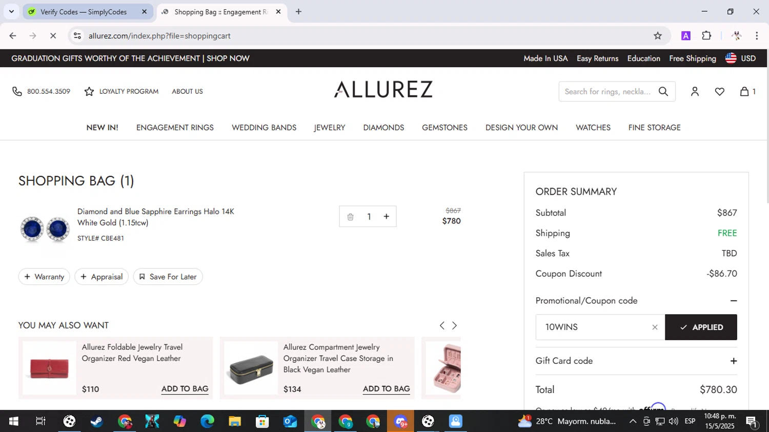 Allurez promo code screenshot showing code 10WINS applied at Allurez checkout page. Uploaded by SimplyCodes community member GameOver on May 16, 2025
