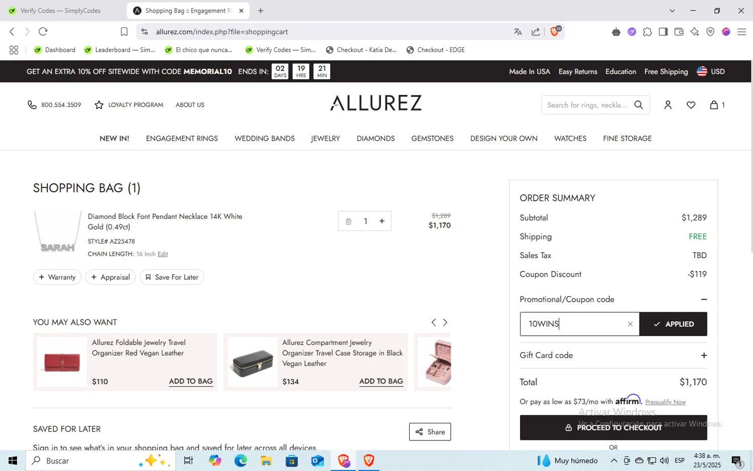 Allurez promo code screenshot showing code 10WINS applied at Allurez checkout page. Uploaded by SimplyCodes community member holaquetal on May 23, 2025