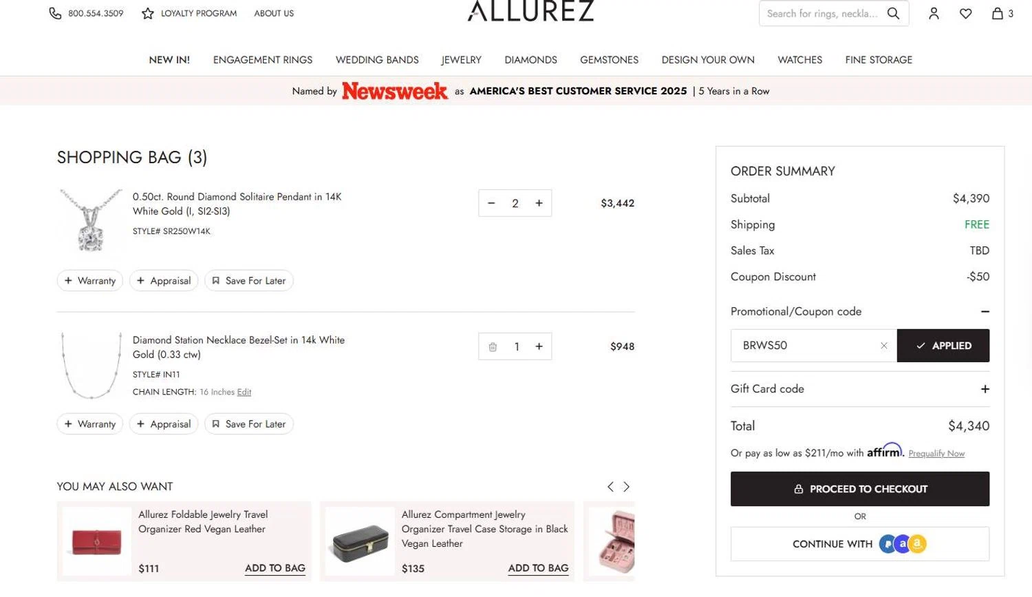 Allurez promo code screenshot showing code BRWS50 applied at Allurez checkout page. Uploaded by SimplyCodes community member 6d796e616d656973 on Jun 24, 2025