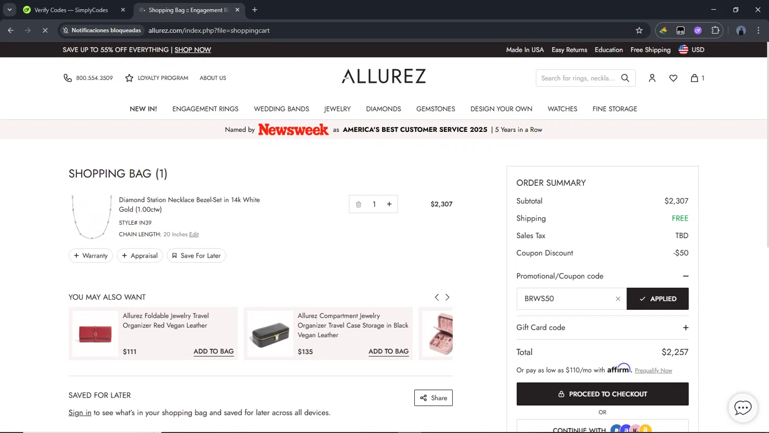Allurez promo code screenshot showing code BRWS50 applied at Allurez checkout page. Uploaded by SimplyCodes community member Time_sin_filtro on Jul 23, 2025