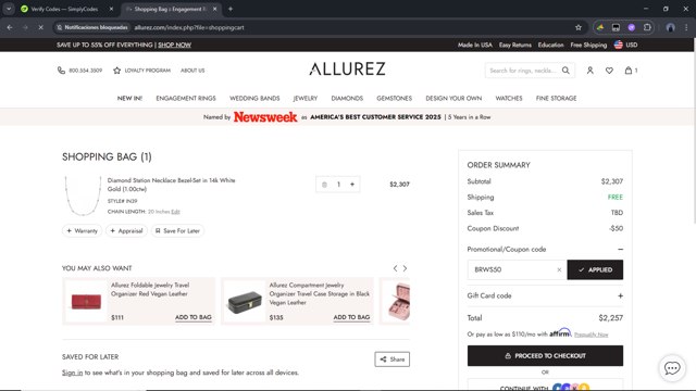 Allurez checkout page showing Allurez promo code box | Screenshot taken by SimplyCodes community member on Jul 23, 2025