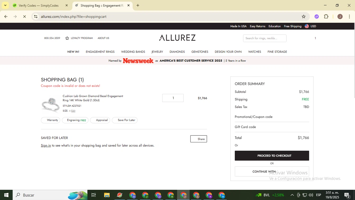 Allurez promo code screenshot showing code SUMMER applied at Allurez checkout page. Uploaded by SimplyCodes community member ValiantHero2365 on Aug 19, 2025