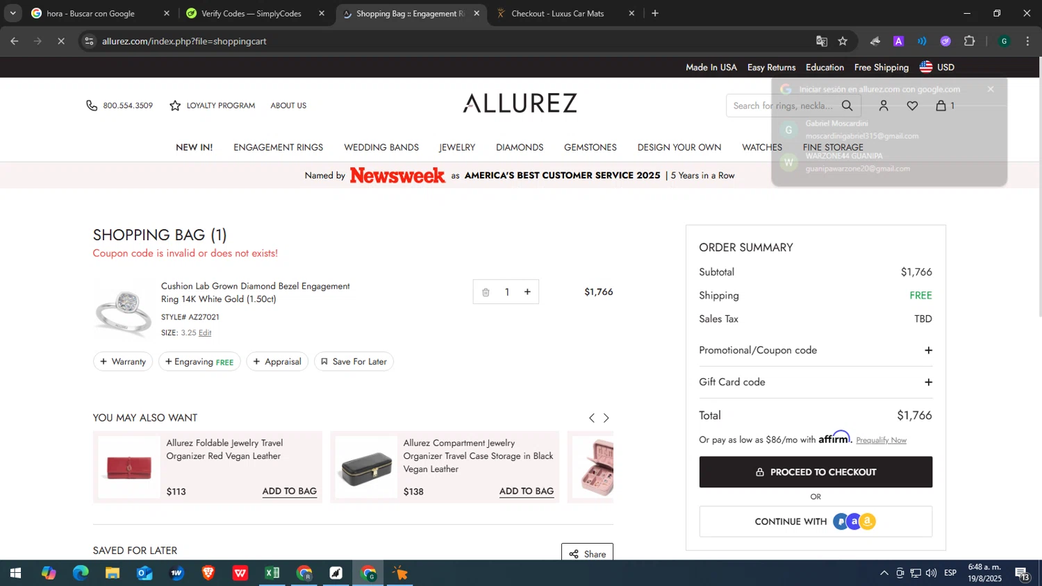 Allurez promo code screenshot showing code SUMMER applied at Allurez checkout page. Uploaded by SimplyCodes community member yasabesssss on Aug 19, 2025