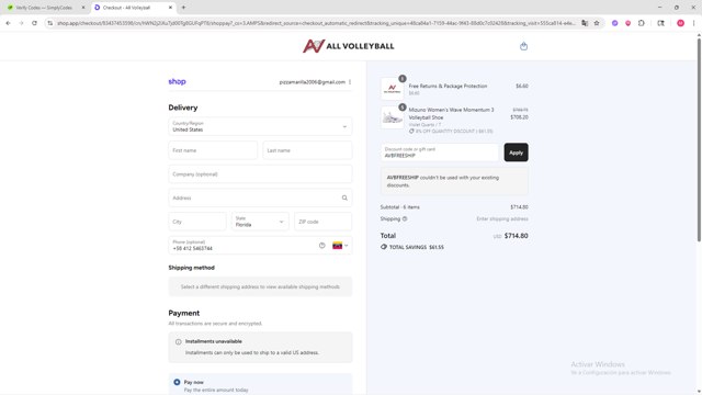 All Volleyball checkout page showing All Volleyball discount code box | Screenshot taken by SimplyCodes community member on Sep 8, 2025
