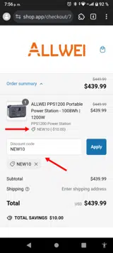 NEW10 coupon verification screenshot