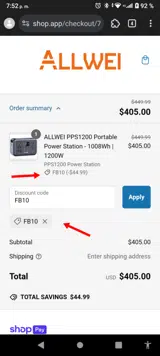 FB10 coupon verification screenshot