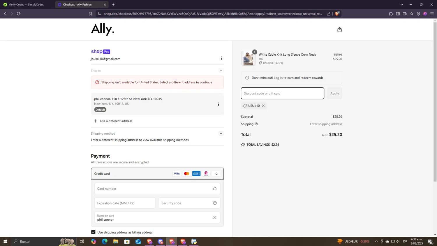 Ally Fashion discount code screenshot showing code USUK10 applied at Ally Fashion checkout page. Uploaded by SimplyCodes community member Despechao on Mar 24, 2025