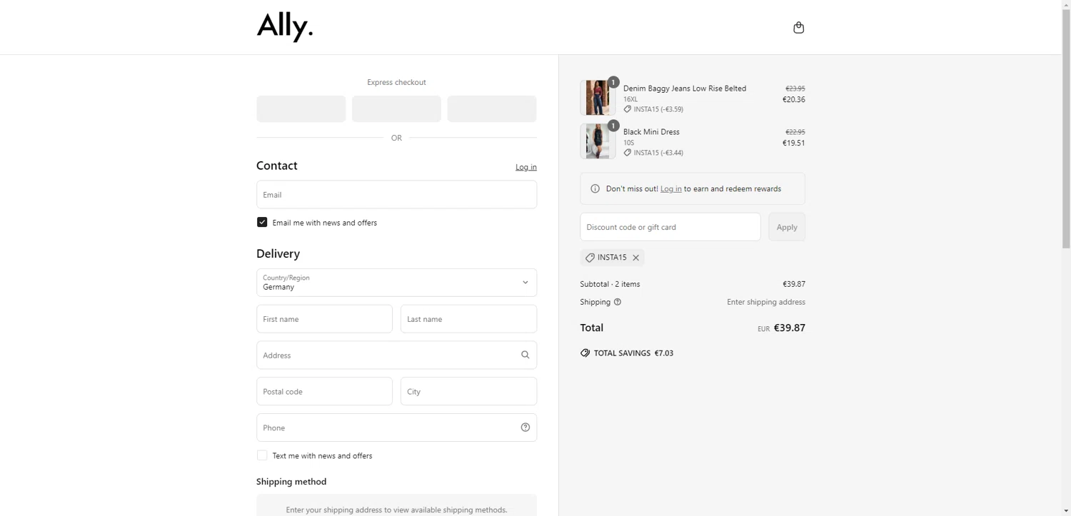 Ally Fashion discount code screenshot showing code INSTA15 applied at Ally Fashion checkout page. Uploaded by SimplyCodes community member CleverHawk1744 on Jun 30, 2025
