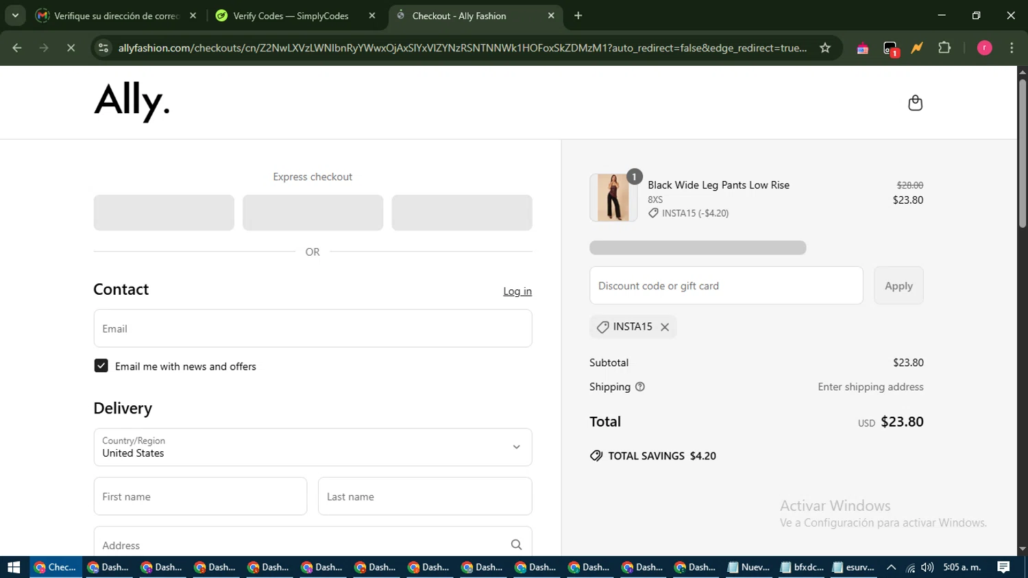 Ally Fashion discount code screenshot showing code INSTA15 applied at Ally Fashion checkout page. Uploaded by SimplyCodes community member WisePro3739 on May 12, 2025