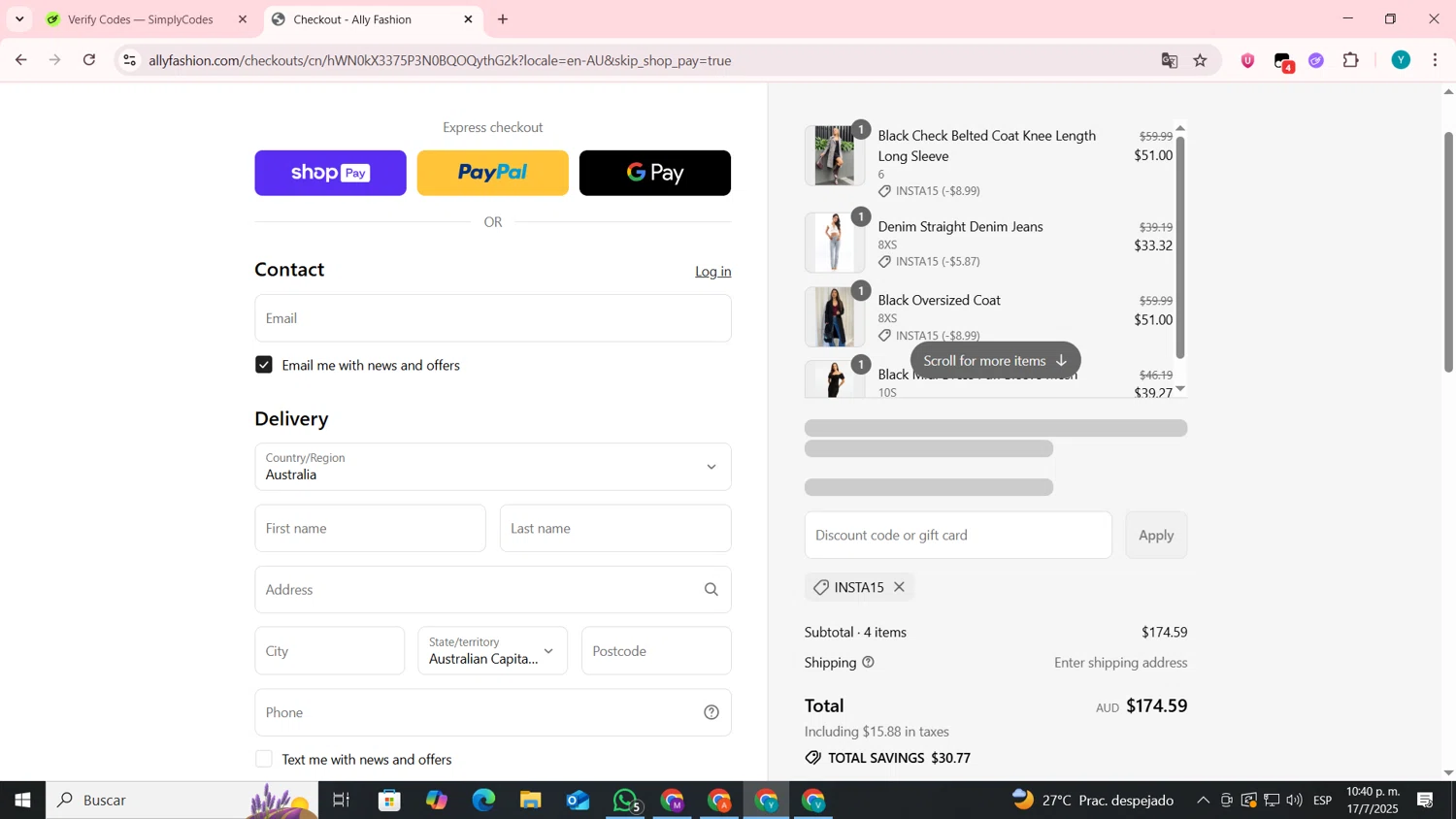 Ally Fashion discount code screenshot showing code INSTA15 applied at Ally Fashion checkout page. Uploaded by SimplyCodes community member codygakpo on Jul 18, 2025