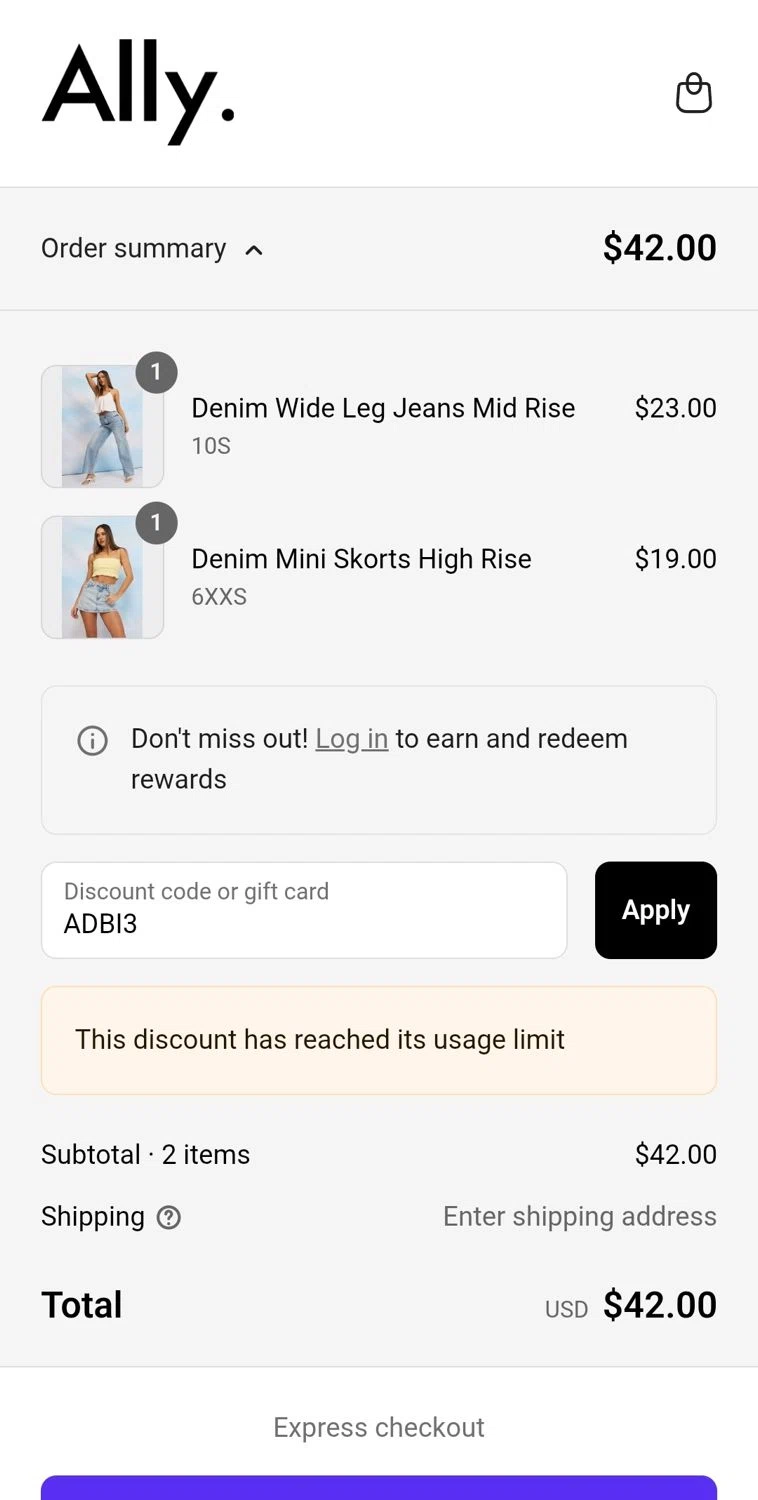 Ally Fashion discount code screenshot showing code ADBI3 applied at Ally Fashion checkout page. Uploaded by SimplyCodes community member JuanMonge on Aug 26, 2025