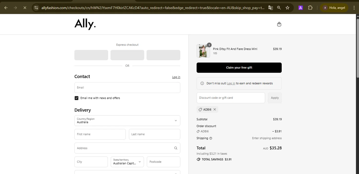 Ally Fashion discount code screenshot showing code ADBI6 applied at Ally Fashion checkout page. Uploaded by SimplyCodes community member GoldCurator1773 on Aug 28, 2025
