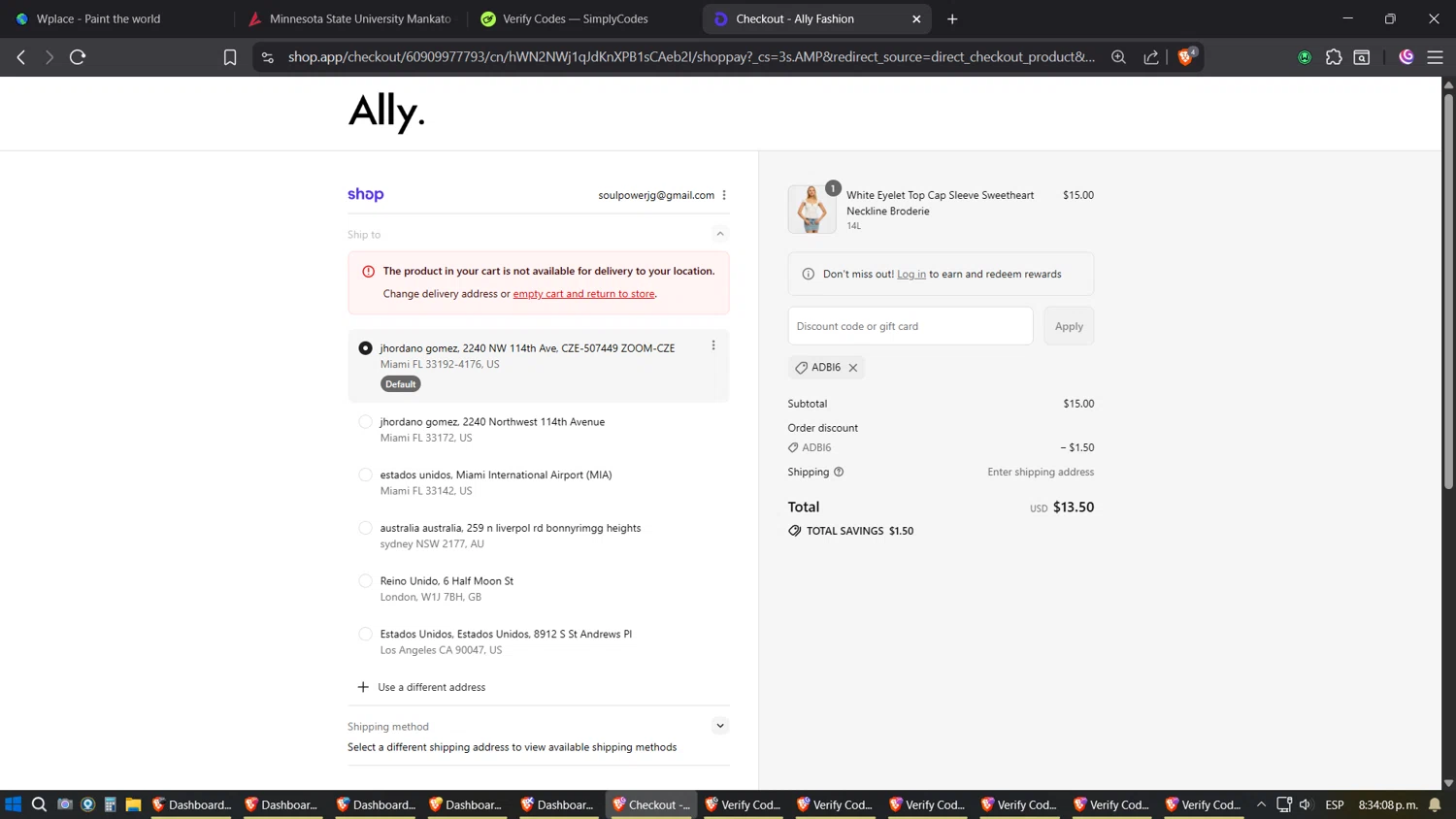 Ally Fashion discount code screenshot showing code ADBI6 applied at Ally Fashion checkout page. Uploaded by SimplyCodes community member Phoenix on Aug 30, 2025