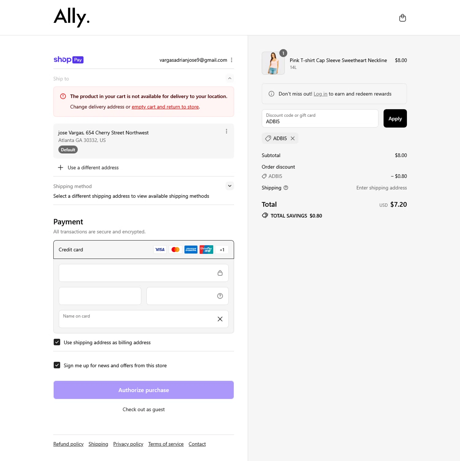 Ally Fashion discount code screenshot showing code ADBI5 applied at Ally Fashion checkout page. Uploaded by SimplyCodes community member LegendaryFinder8770 on Aug 28, 2025