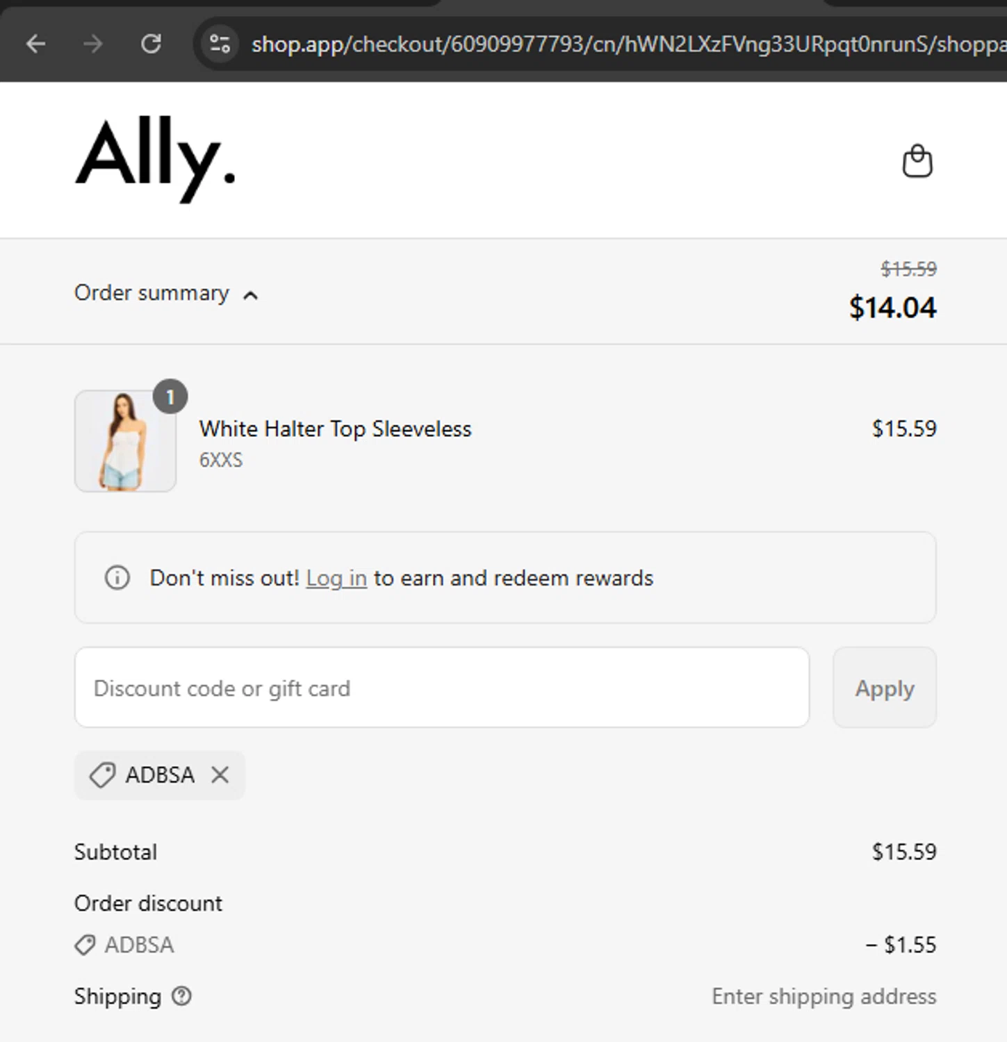 Ally Fashion discount code screenshot showing code ADBSA applied at Ally Fashion checkout page. Uploaded by SimplyCodes community member SmartVoyager1455 on Aug 29, 2025