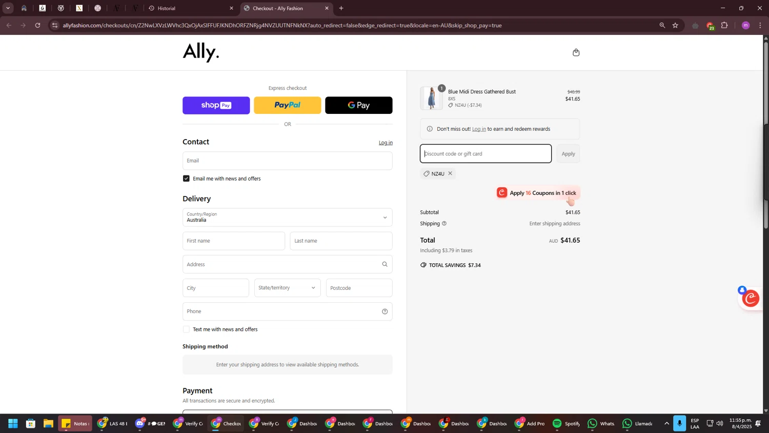 Ally Fashion discount code screenshot showing code NZ4U applied at Ally Fashion checkout page. Uploaded by SimplyCodes community member CouponSage7331 on Apr 9, 2025