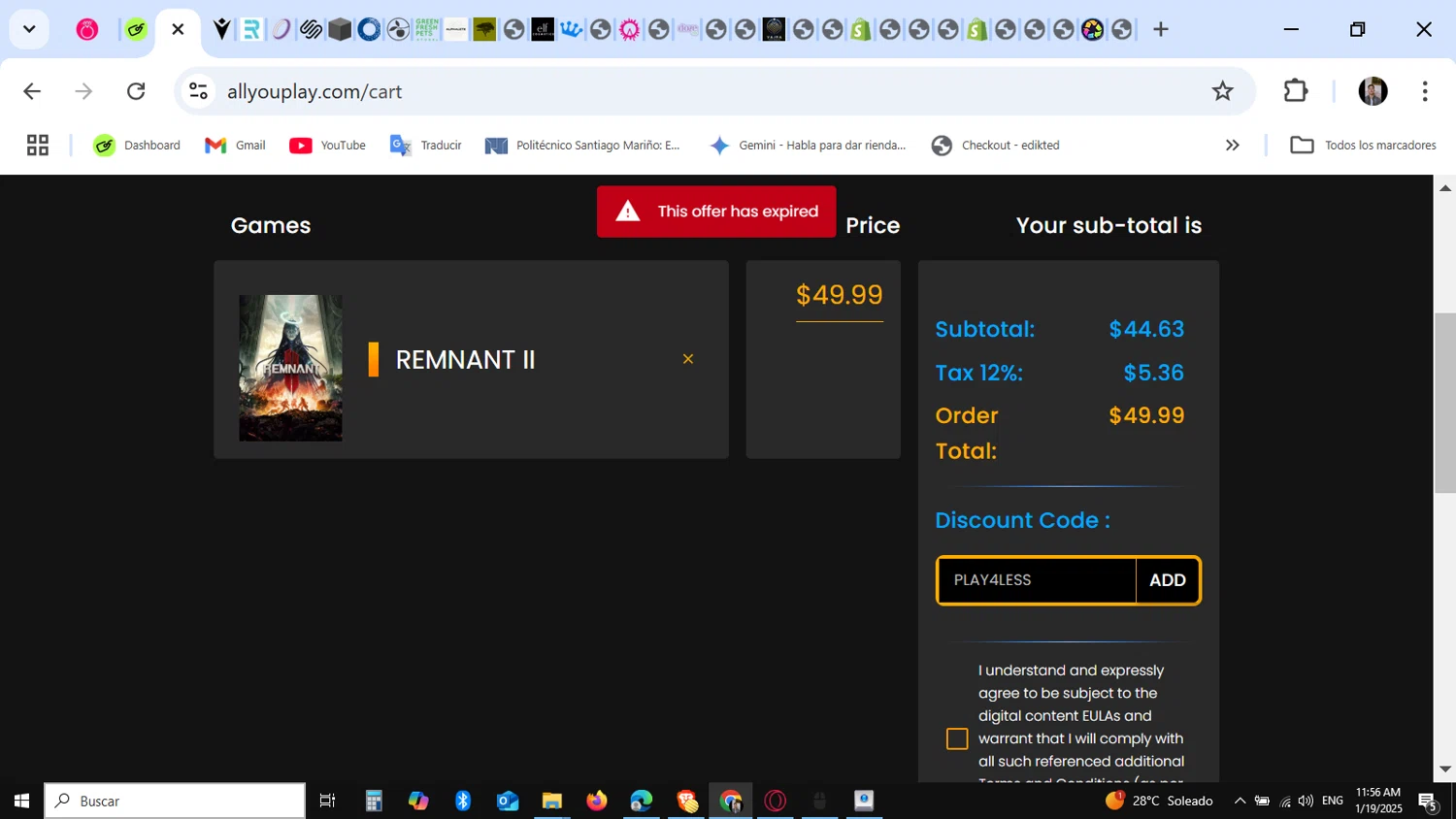 AllYouPlay discount code screenshot showing code PLAY4LESS applied at AllYouPlay checkout page. Uploaded by SimplyCodes community member KataldoMustafack on Jan 19, 2025