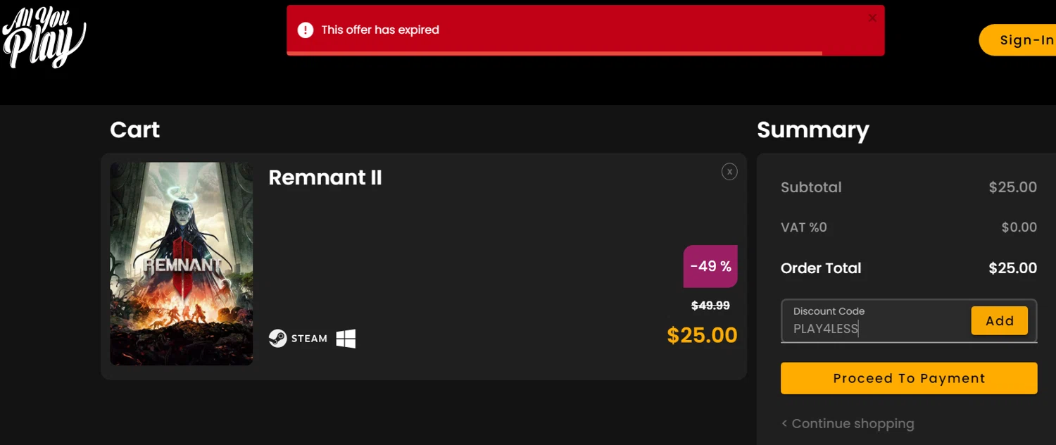 AllYouPlay discount code screenshot showing code PLAY4LESS applied at AllYouPlay checkout page. Uploaded by SimplyCodes community member enzoonova on Feb 15, 2025
