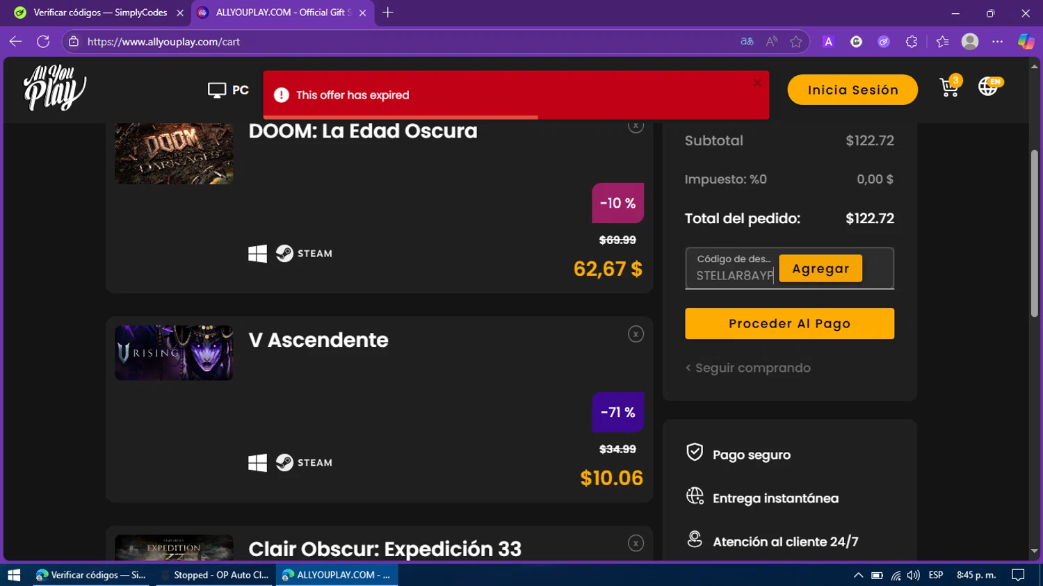 AllYouPlay discount code screenshot showing code STELLAR8AYP applied at AllYouPlay checkout page. Uploaded by SimplyCodes community member BargainFox507 on Jun 13, 2025