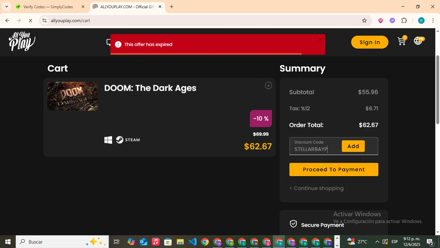 AllYouPlay discount code screenshot showing code STELLAR8AYP applied at AllYouPlay checkout page. Uploaded by SimplyCodes community member BudgetHero4407 on Jun 13, 2025