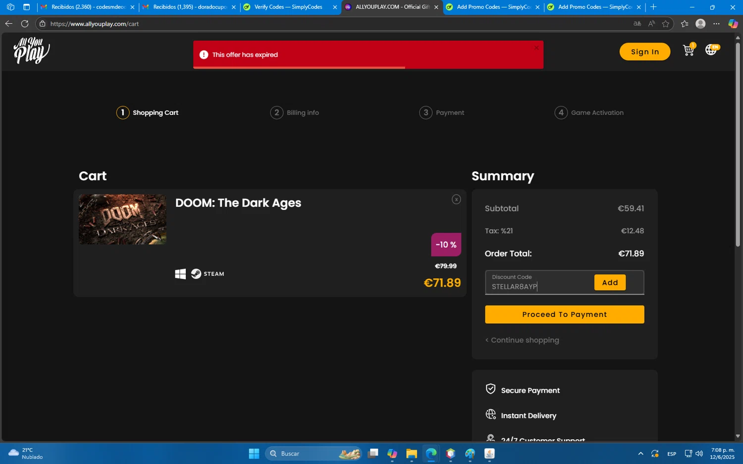 AllYouPlay discount code screenshot showing code STELLAR8AYP applied at AllYouPlay checkout page. Uploaded by SimplyCodes community member Mdeoca on Jun 12, 2025
