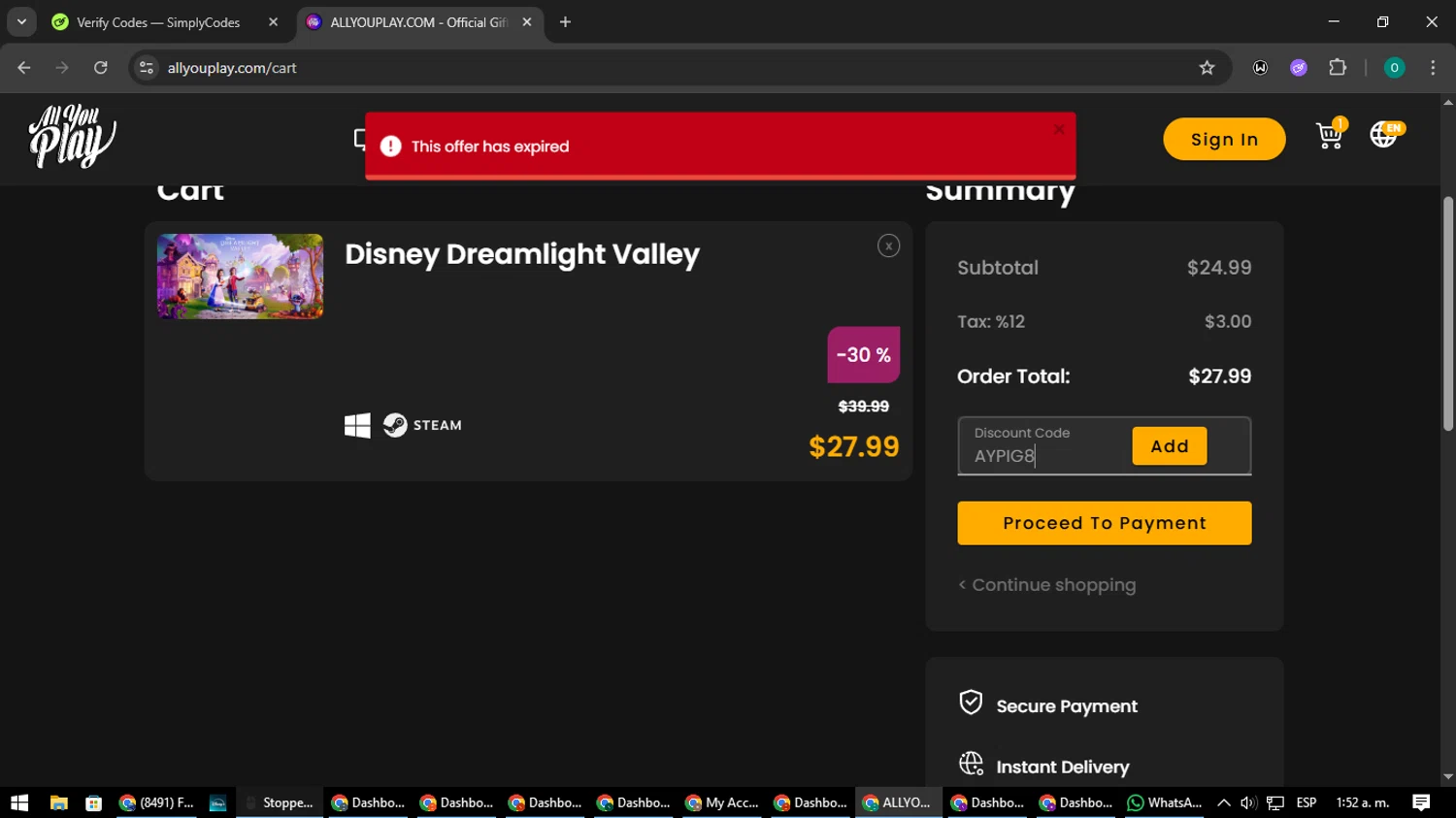 AllYouPlay discount code screenshot showing code AYPIG8 applied at AllYouPlay checkout page. Uploaded by SimplyCodes community member LuckyDefender9428 on Jun 20, 2025