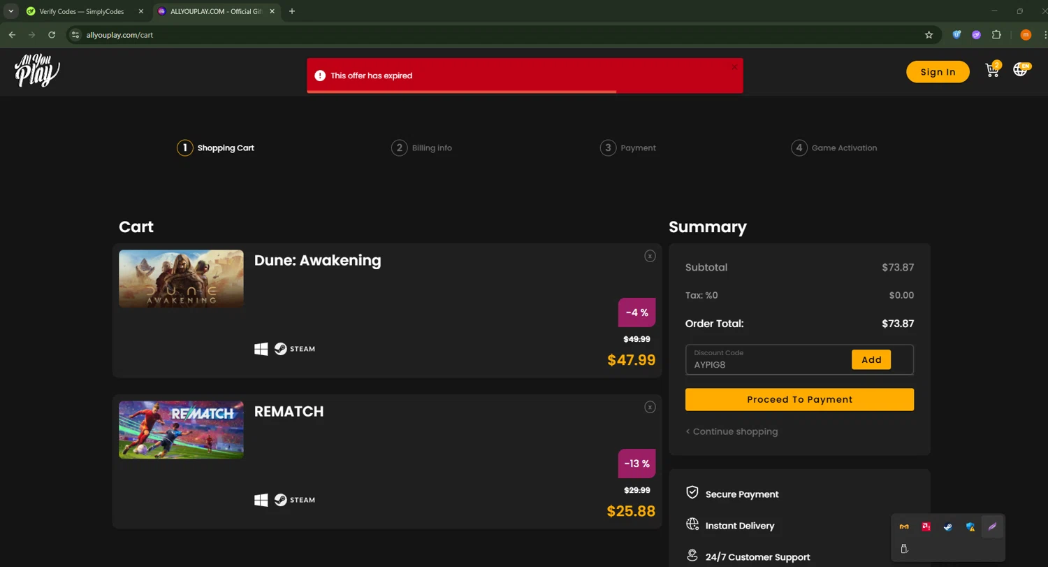 AllYouPlay discount code screenshot showing code AYPIG8 applied at AllYouPlay checkout page. Uploaded by SimplyCodes community member Davoxeneixe on Jun 20, 2025