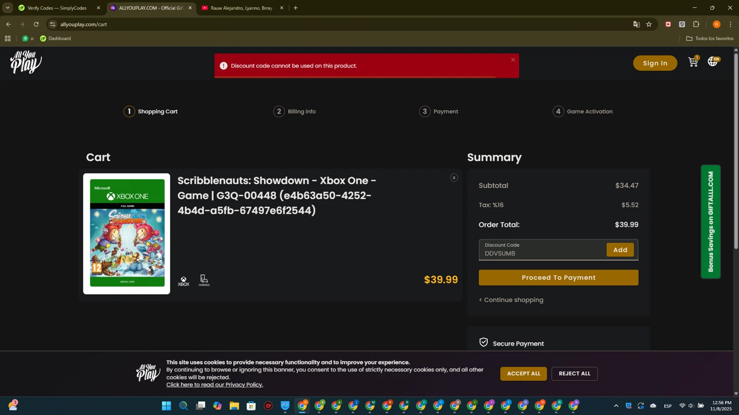 AllYouPlay discount code screenshot showing code DDVSUM8 applied at AllYouPlay checkout page. Uploaded by SimplyCodes community member PromoTitan1625 on Nov 8, 2025