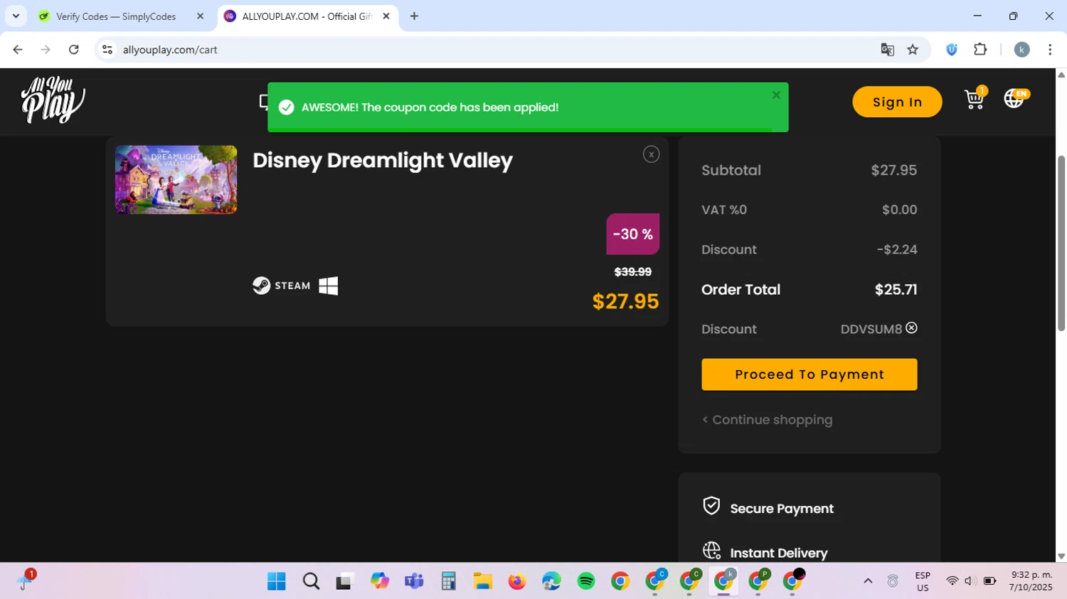 AllYouPlay checkout page showing AllYouPlay discount code box | Screenshot taken by SimplyCodes community member on Oct 8, 2025