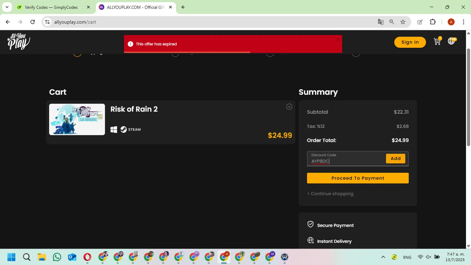 AllYouPlay discount code screenshot showing code AYP8DC applied at AllYouPlay checkout page. Uploaded by SimplyCodes community member FundoKadmiel on Jul 13, 2025