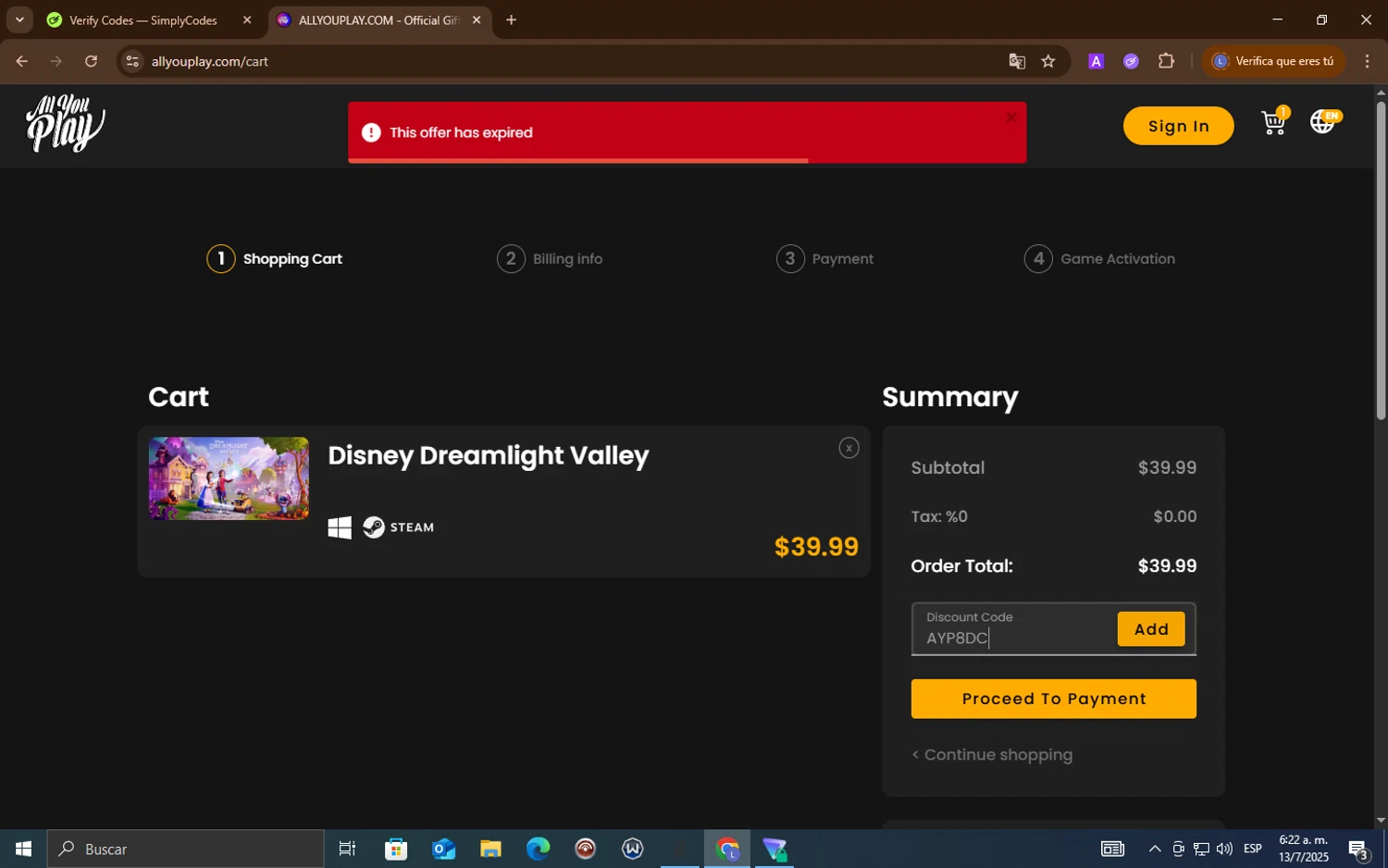 AllYouPlay discount code screenshot showing code AYP8DC applied at AllYouPlay checkout page. Uploaded by SimplyCodes community member LuckyEagle5535 on Jul 13, 2025