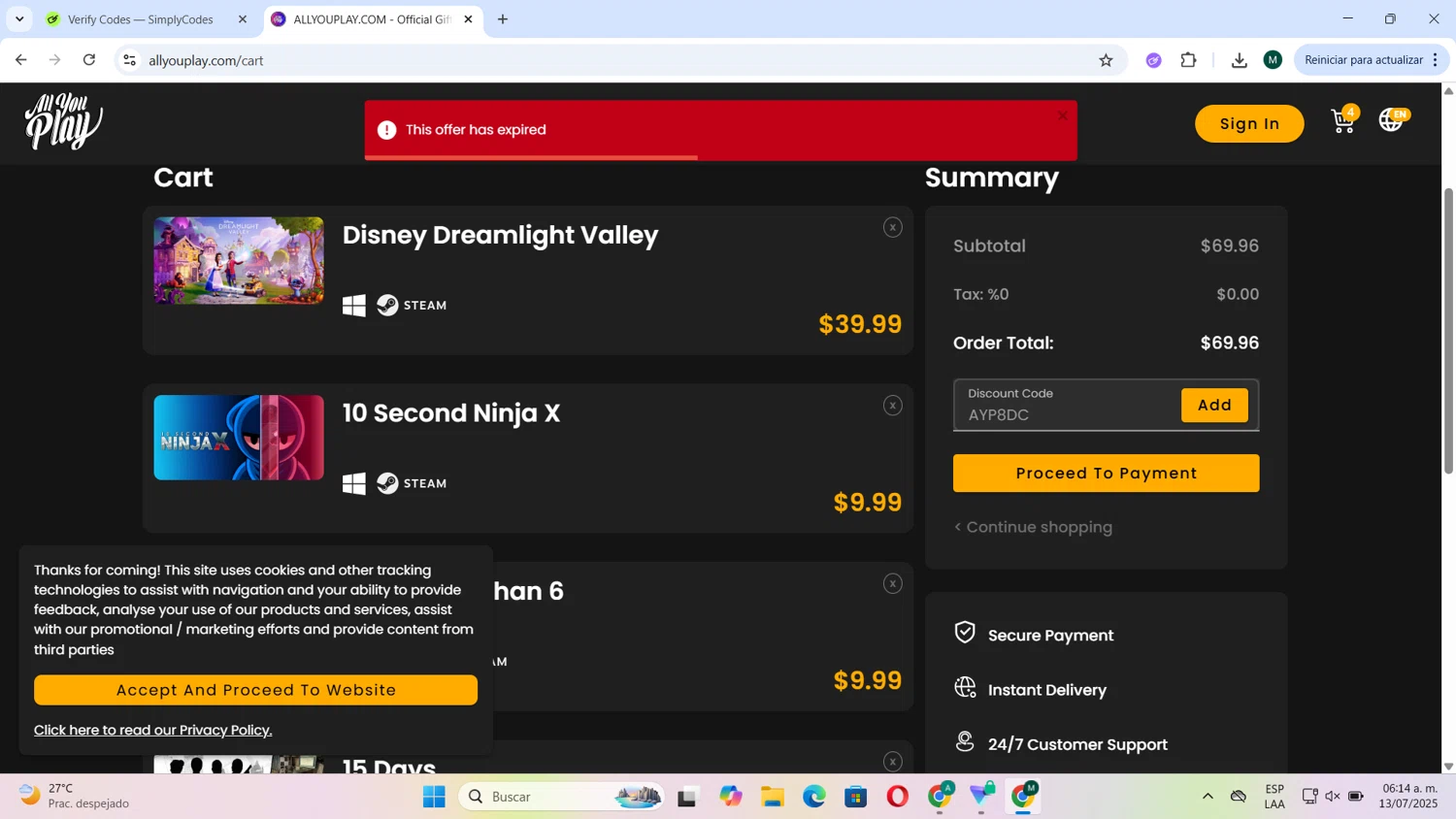 AllYouPlay discount code screenshot showing code AYP8DC applied at AllYouPlay checkout page. Uploaded by SimplyCodes community member Tortu_1 on Jul 13, 2025