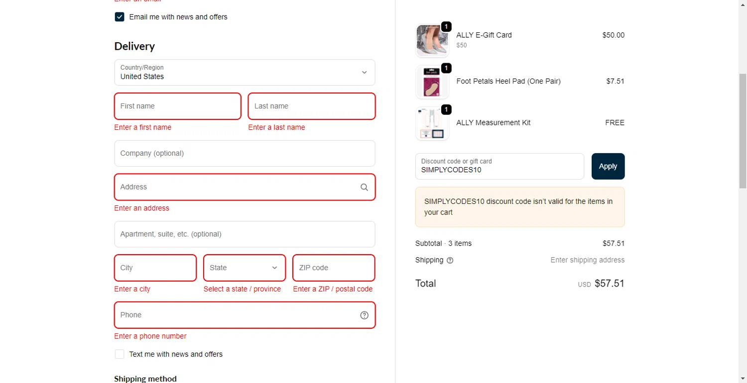 Ally Shoes discount code screenshot showing code SIMPLYCODES10 applied at Ally Shoes checkout page. Uploaded by SimplyCodes community member DiscountPhoenix427 on Sep 25, 2025