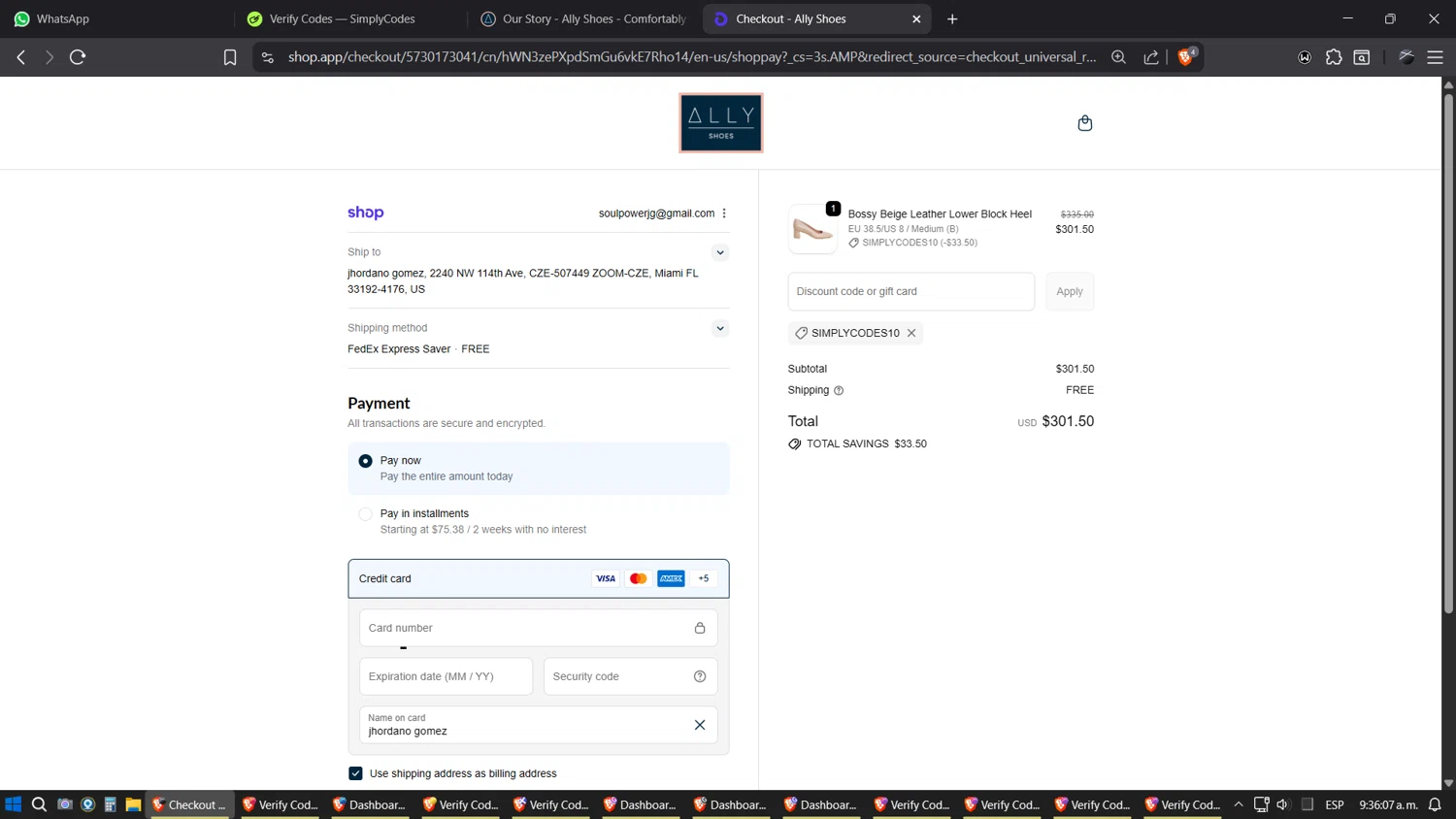 Ally Shoes discount code screenshot showing code SIMPLYCODES10 applied at Ally Shoes checkout page. Uploaded by SimplyCodes community member SimplyGOAT on Oct 11, 2025