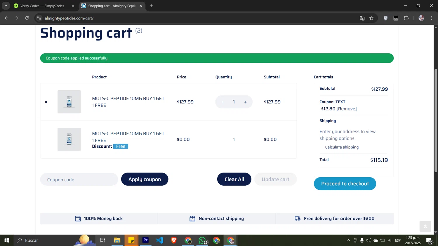 Almighty Peptides coupon code screenshot showing code text applied at Almighty Peptides checkout page. Uploaded by SimplyCodes community member Pansito on Jul 20, 2025