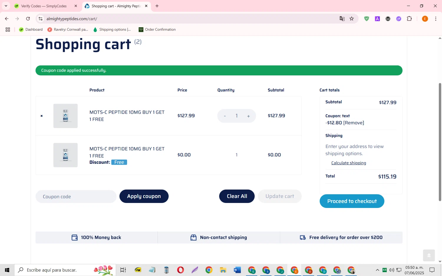 Almighty Peptides coupon code screenshot showing code text applied at Almighty Peptides checkout page. Uploaded by SimplyCodes community member RewardFalcon3197 on Jun 7, 2025